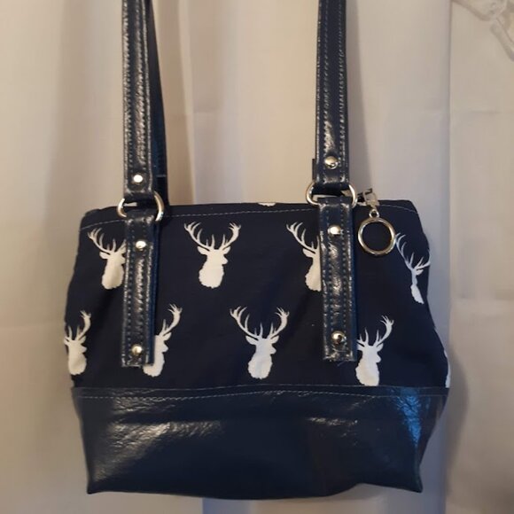 New Vinyl Double handle Shoulder Satchel Bag Purse Navy Blue White Deer Western - Picture 2 of 12